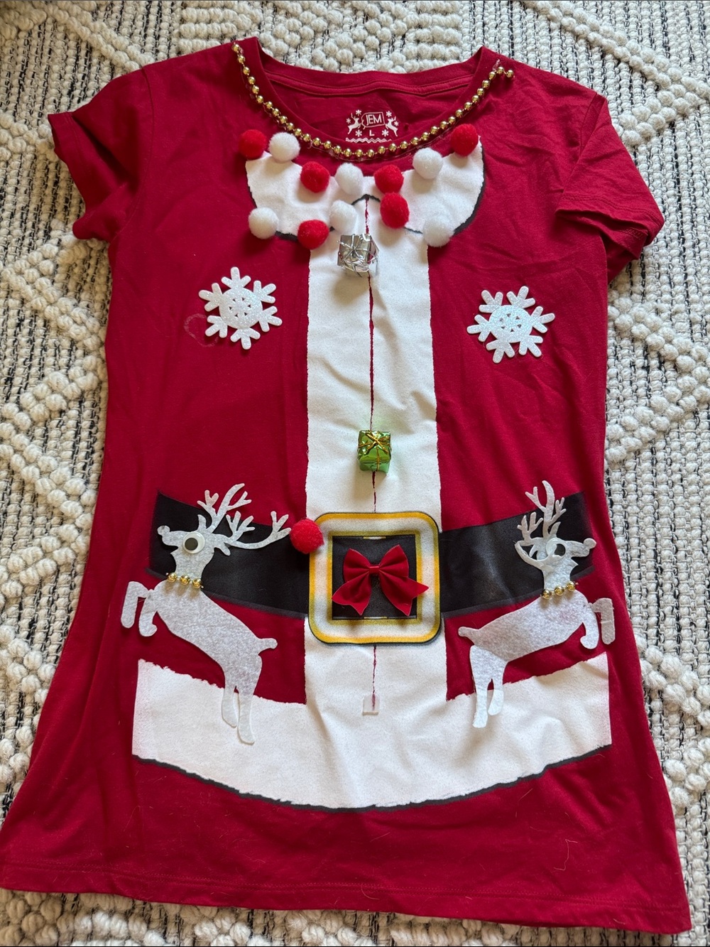 JEM Red and White Christmas Santa Tee with Reindeer Embellishments